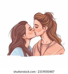 retrato de pareja lesbiana siendo cariñosa y feliz. Dos chicas gay besándose. El concepto de comunidad de orgullo. Ilustración de vectores dibujada a mano. Aislado sobre fondo blanco, colores planos, contorno