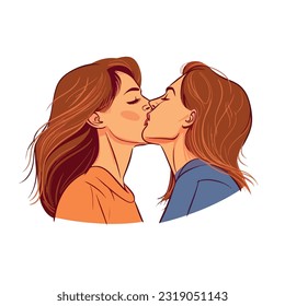 portrait of Lesbian Couple being loving and happy. Two gay girls kissing. Pride community concept. Hand drawn Vector illustration. Isolated on white background, flat colors, outline