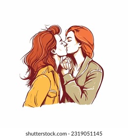 portrait of Lesbian Couple being loving and happy. Two gay girls kissing. Pride community concept. Hand drawn Vector illustration. Isolated on white background, flat colors, outline