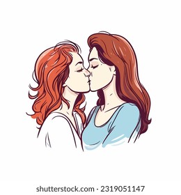 portrait of Lesbian Couple being loving and happy. Two gay girls kissing. Pride community concept. Hand drawn Vector illustration. Isolated on white background, flat colors, outline