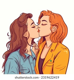 portrait of Lesbian Couple being loving and happy. Two gay girls kissing. Pride community concept. Hand drawn Vector illustration. Isolated on white background, flat colors, outline