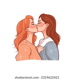 portrait of Lesbian Couple being loving and happy. Two gay girls kissing. Pride community concept. Hand drawn Vector illustration. Isolated on white background, flat colors, outline
