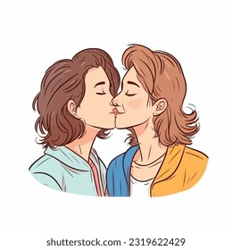 portrait of Lesbian Couple being loving and happy. Two gay girls kissing. Pride community concept. Hand drawn Vector illustration. Isolated on white background, flat colors, outline