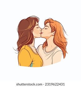 portrait of Lesbian Couple being loving and happy. Two gay girls kissing. Pride community concept. Hand drawn Vector illustration. Isolated on white background, flat colors, outline