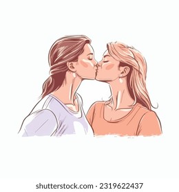 portrait of Lesbian Couple being loving and happy. Two gay girls kissing. Pride community concept. Hand drawn Vector illustration. Isolated on white background, flat colors, outline