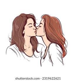 retrato de pareja lesbiana siendo cariñosa y feliz. Dos chicas gay besándose. El concepto de comunidad de orgullo. Ilustración de vectores dibujada a mano. Aislado sobre fondo blanco, colores planos, contorno