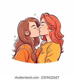 portrait of Lesbian Couple being loving and happy. Two gay girls kissing. Pride community concept. Hand drawn Vector illustration. Isolated on white background, flat colors, outline