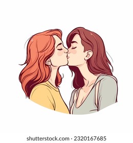 portrait of Lesbian Couple being loving and happy. Two gay girls kissing. Pride community concept. Hand drawn Vector illustration. Isolated on white background, flat colors, outline