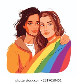 A portrait of lesbian couple with a rainbow flag. The concept of LGBTQ. Illustration of a couple of woman in love. women of different races, Vector illustration on a white background, flat colors