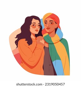 A portrait of lesbian couple with a rainbow flag. The concept of LGBTQ. Illustration of a couple of woman in love. women of different races, Vector illustration on a white background, flat colors