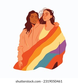 A portrait of lesbian couple with a rainbow flag. The concept of LGBTQ. Illustration of a couple of woman in love. women of different races, Vector illustration on a white background, flat colors