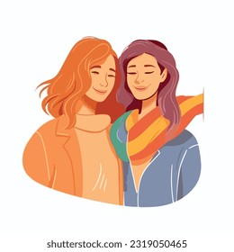 A portrait of lesbian couple with a rainbow flag. The concept of LGBTQ. Illustration of a couple of woman in love. women of different races, Vector illustration on a white background, flat colors