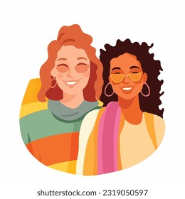 A portrait of lesbian couple with a rainbow flag. The concept of LGBTQ. Illustration of a couple of woman in love. women of different races, Vector illustration on a white background, flat colors