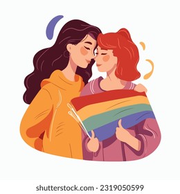 A portrait of lesbian couple with a rainbow flag. The concept of LGBTQ. Illustration of a couple of woman in love. women of different races, Vector illustration on a white background, flat colors