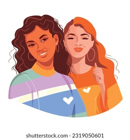 A portrait of lesbian couple with a rainbow flag. The concept of LGBTQ. Illustration of a couple of woman in love. women of different races, Vector illustration on a white background, flat colors