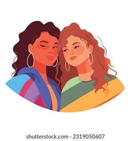 A portrait of lesbian couple with a rainbow flag. The concept of LGBTQ. Illustration of a couple of woman in love. women of different races, Vector illustration on a white background, flat colors