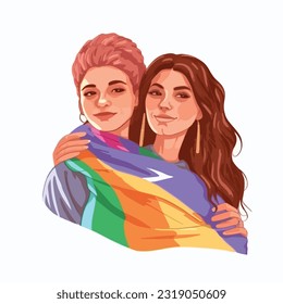 A portrait of lesbian couple with a rainbow flag. The concept of LGBTQ. Illustration of a couple of woman in love. women of different races, Vector illustration on a white background, flat colors