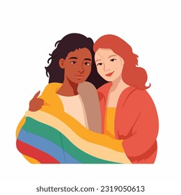 A portrait of lesbian couple with a rainbow flag. The concept of LGBTQ. Illustration of a couple of woman in love. women of different races, Vector illustration on a white background, flat colors