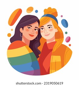 A portrait of lesbian couple with a rainbow flag. The concept of LGBTQ. Illustration of a couple of woman in love. women of different races, Vector illustration on a white background, flat colors