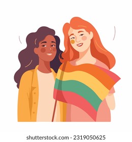 A portrait of lesbian couple with a rainbow flag. The concept of LGBTQ. Illustration of a couple of woman in love. women of different races, Vector illustration on a white background, flat colors