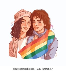 A portrait of lesbian couple with a rainbow flag. The concept of LGBTQ. Illustration of a couple of woman in love. women of different races, Vector illustration on a white background, flat colors