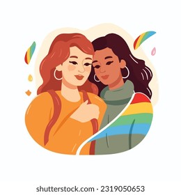 A portrait of lesbian couple with a rainbow flag. The concept of LGBTQ. Illustration of a couple of woman in love. women of different races, Vector illustration on a white background, flat colors