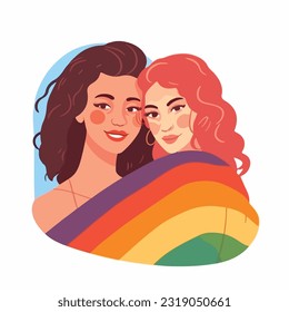 A portrait of lesbian couple with a rainbow flag. The concept of LGBTQ. Illustration of a couple of woman in love. women of different races, Vector illustration on a white background, flat colors