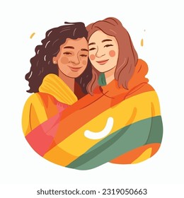 A portrait of lesbian couple with a rainbow flag. The concept of LGBTQ. Illustration of a couple of woman in love. women of different races, Vector illustration on a white background, flat colors