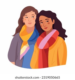 A portrait of lesbian couple with a rainbow flag. The concept of LGBTQ. Illustration of a couple of woman in love. women of different races, Vector illustration on a white background, flat colors