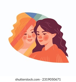 A portrait of lesbian couple with a rainbow flag. The concept of LGBTQ. Illustration of a couple of woman in love. women of different races, Vector illustration on a white background, flat colors