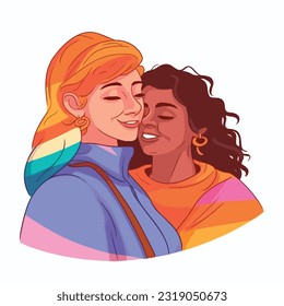 A portrait of lesbian couple with a rainbow flag. The concept of LGBTQ. Illustration of a couple of woman in love. women of different races, Vector illustration on a white background, flat colors