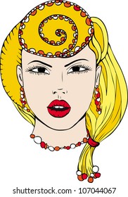 Portrait of Light hared young beautiful girl with lovefull red lips. Vector illustration
