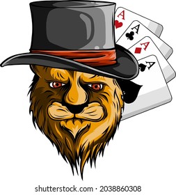 Portrait of lion in bowler hat and poker aces