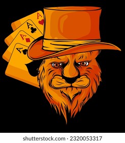 Portrait of lion in bowler hat and poker aces on black background