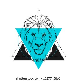 Portrait of a lion. Can be used for printing on T-shirts, flyers and stuff. Vector illustration
