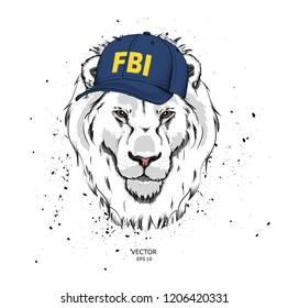 Portrait of a lion in the cap of an FBI agent. Can be used for printing on T-shirts, flyers and stuff. Vector illustration.