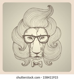 Portrait of a lion with a chic haircut with glasses. Hipster vector illustration.