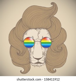 Portrait of a lion with a chic haircut with round glasses. Hippie vector illustration.