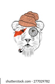 Portrait of Lion with Cigar, Cool Guy, Gangster Look, Vector Illustration