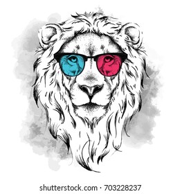 Portrait of the lion in the colored glasses. Think different. Vector illustration.