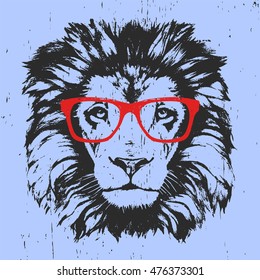 Portrait of Lion with glasses. Hand-drawn illustration. T-shirt design. Vector