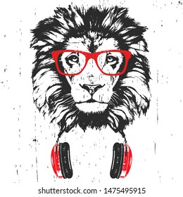 Portrait of Lion with glasses and headphones. Hand-drawn illustration. Vector