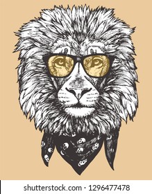 Portrait of Lion with glasses and scarf. Hand-drawn illustration. Vector