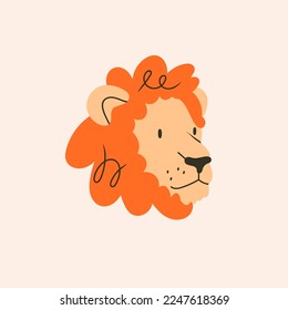 Portrait of a lion. Lion's Head with orange mane. Colorful isolated icon. Cartoon style. Logo, print, avatar template. Leo constellation zodiac sign. Hand drawn Vector illustration