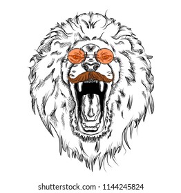 Portrait of a lion with a mustache in glasses. Can be used for printing on T-shirts, flyers and stuff. Vector illustration