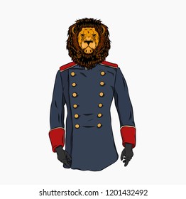 Portrait of a lion in old military uniform. Can be used for printing on T-shirts, flyers and stuff. Vector illustration