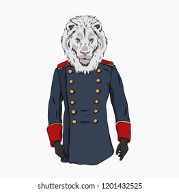 Portrait of a lion in old military uniform. Can be used for printing on T-shirts, flyers and stuff. Vector illustration