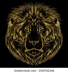 Portrait of a lion on a black background. Image of a lion's head in a golden contour. Postcard, emblem.
