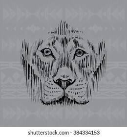 Portrait of a lion on ornamental background in tribal style. Indian, african motives. Hand Drawn doodle illustration. Sketch for tattoo, bandana, paper, cover. Lion's head image with traditional decor
