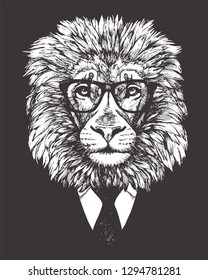 Portrait of Lion in suit. Hand-drawn illustration. Vector